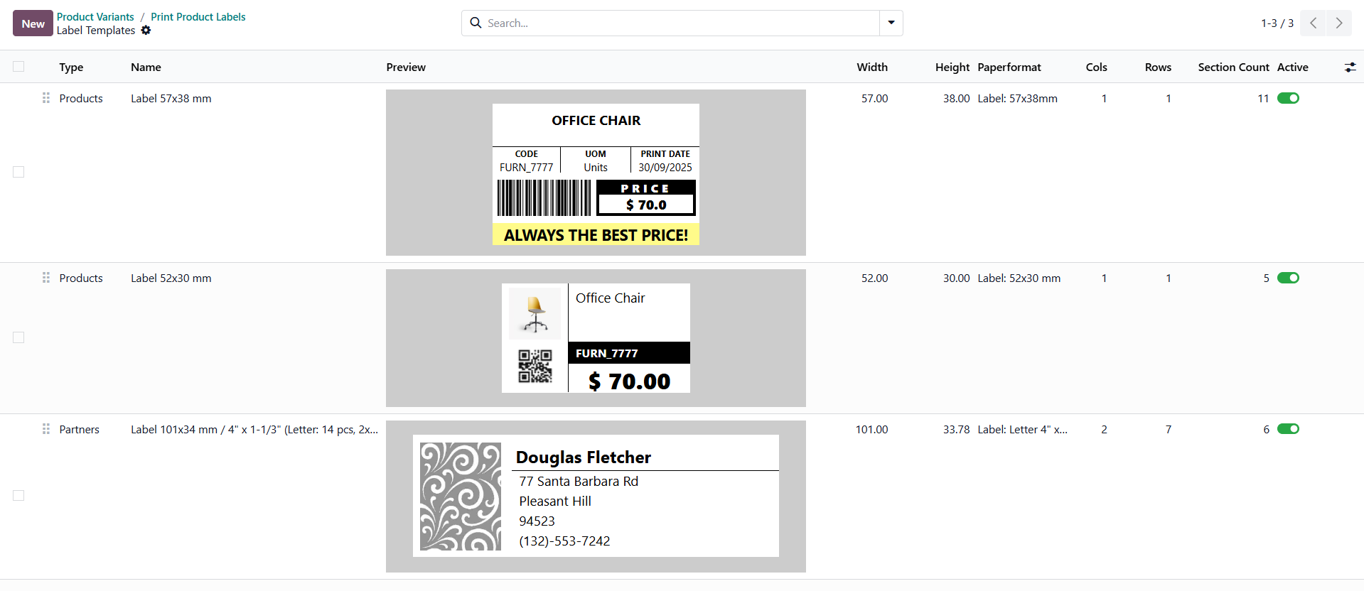 Odoo 19.0 Product Label Builder Start Templates List